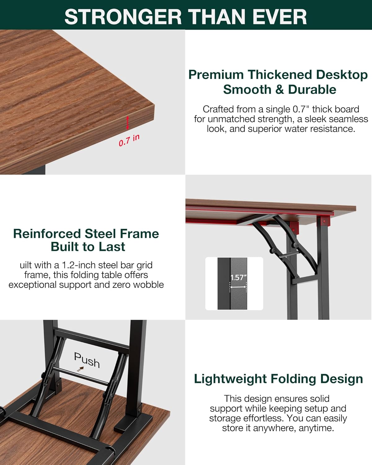 Reinforced steel frame and 0.7 inch thick desktop construction details of Frylr industrial desk.