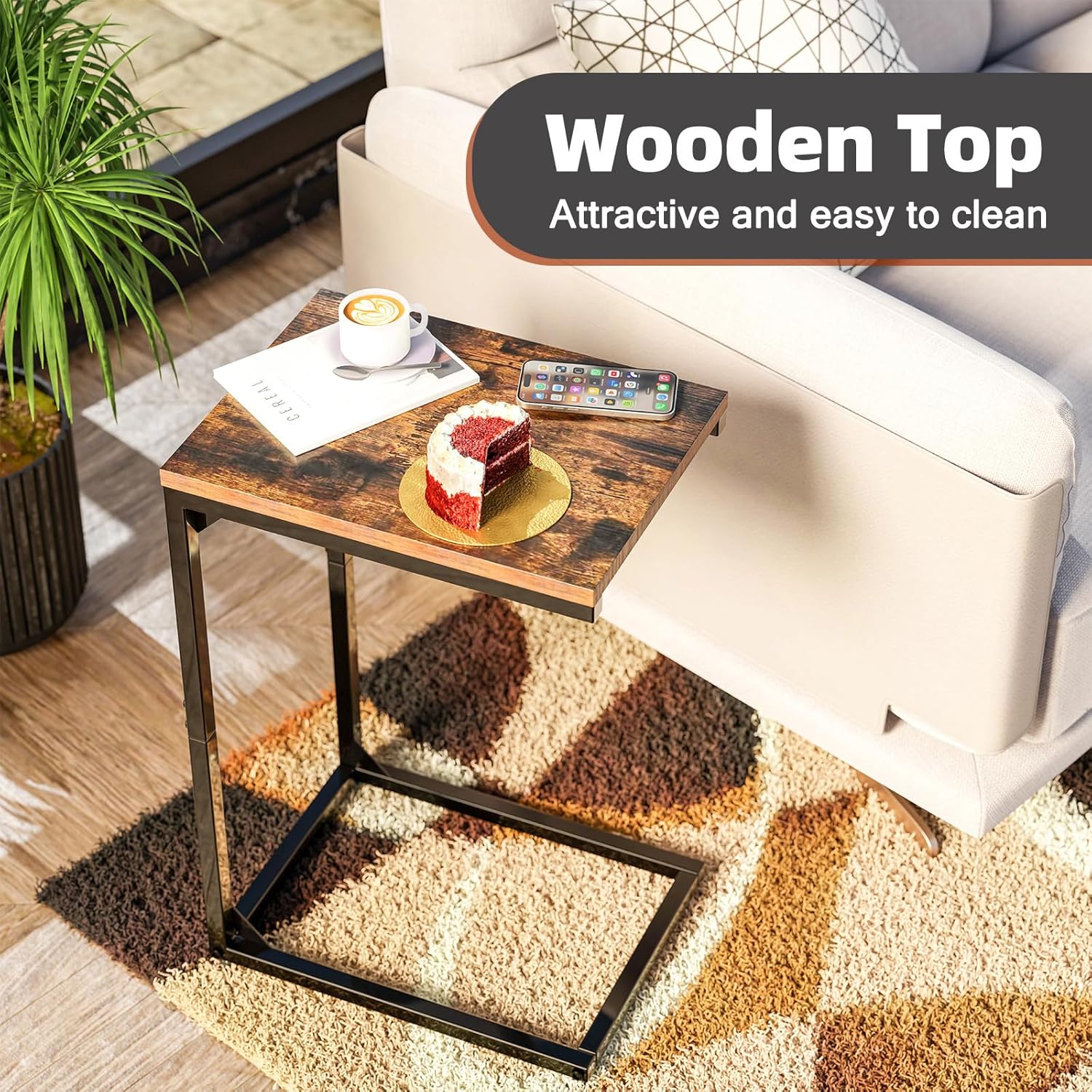 Easy to clean scratch-resistant wooden tabletop close up.