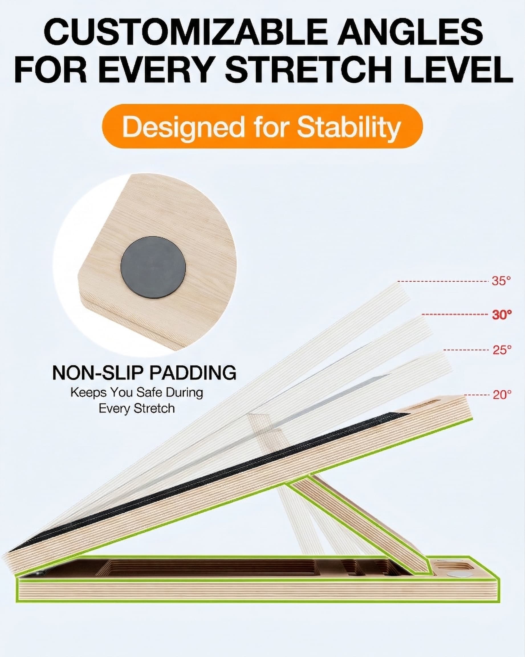 Detailed chart of 5 incline degree levels for customized stretching intensity