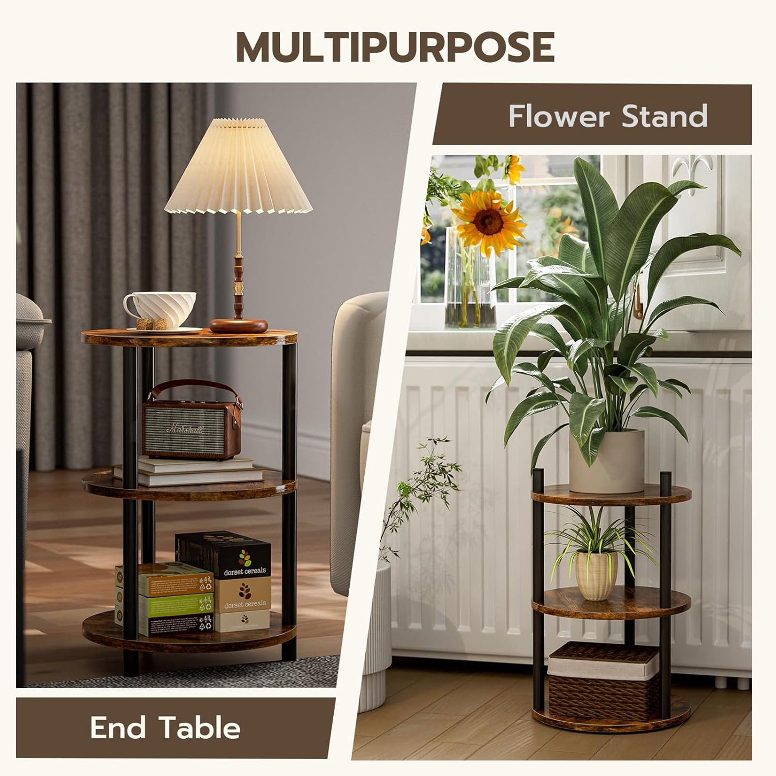 Multipurpose use: Frylr 3-tier rustic shelf as a sofa side table and a living room plant stand flower rack.
